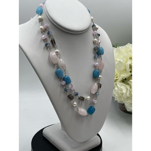 Handmade Sterling 925 Pink Blue Quartz Freshwater Pearl Double Strand Necklace - Picture 8 of 13